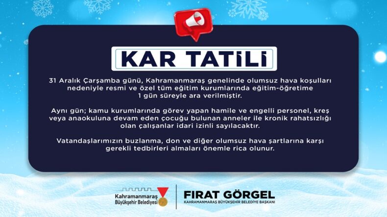 31 Aralık’ta Eğitime 1 Günlük Kar Arası!