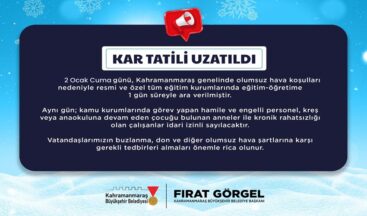 Olumsuz Hava Koşulları Nedeniyle 2 Ocak’ta Eğitime 1 Günlük Ara!