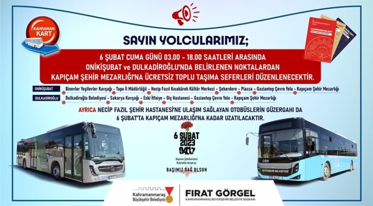 Büyükşehir’den 6 Şubat’ta Mezarlık Ziyaretleri İçin Ücretsiz Ulaşım.