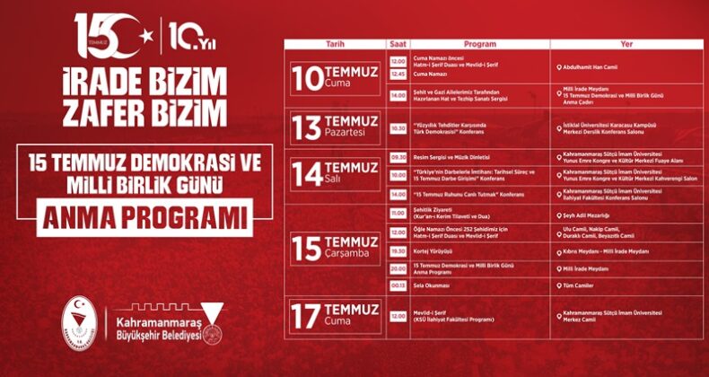 15 Temmuz Demokrasi ve Milli Birlik Günü Anma Programları Başlıyor.