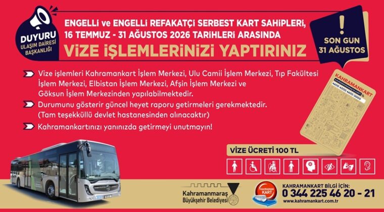 Engelli ve Engelli Refakatçi Serbest Kartlarında Vize Yenileme Dönemi Başladı.