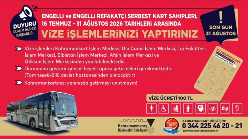Engelli ve Engelli Refakatçi Serbest Kartlarında Vize Yenileme Dönemi Başladı.
